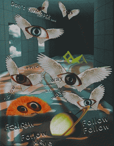 weirdcore collage image with a bunch of eyes with wings in a pool