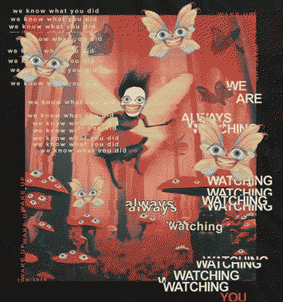 weirdcore collage image of eyes and a grinning mouth with fairy wings, surrounding a full fairy with the same face in the middle